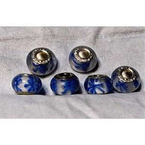 NEW SET OF 6 PANDORA MURANO BEADS TRANSLUCENT WHITE W/BLUE FLOWERS - REALLY CUTE